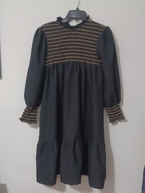 VELVETTE LABEL black dress with tan stitch detailing. NWT. Size 14